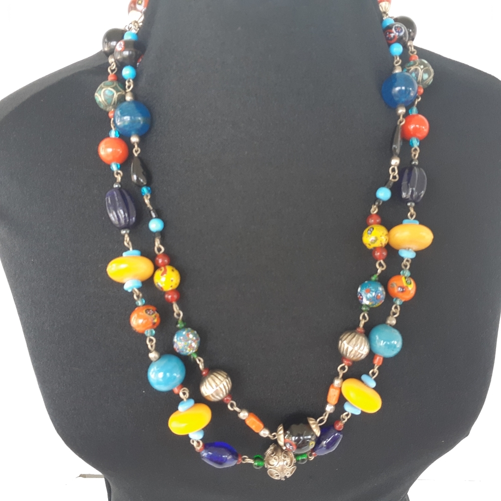 Indian Glass Bead Necklace Double Strand Colourful